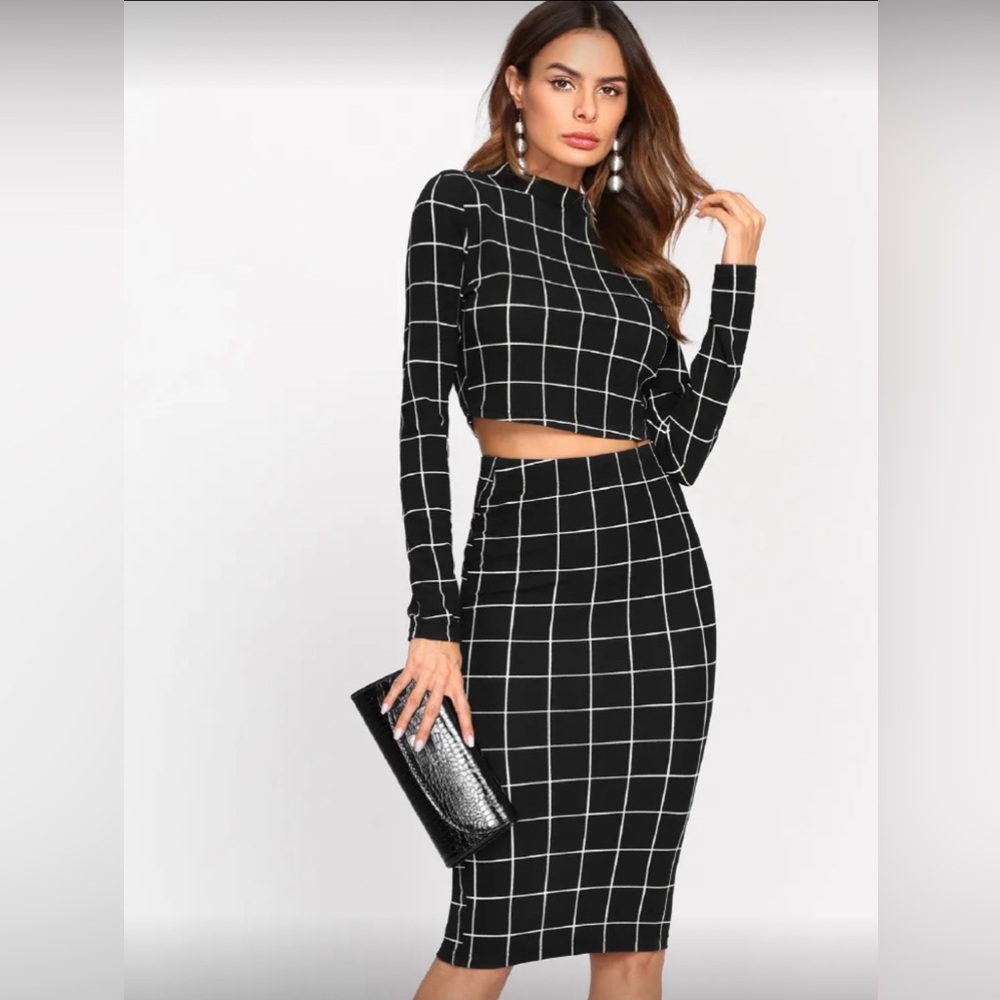 SHEIN Black and White Grid Skirt Set